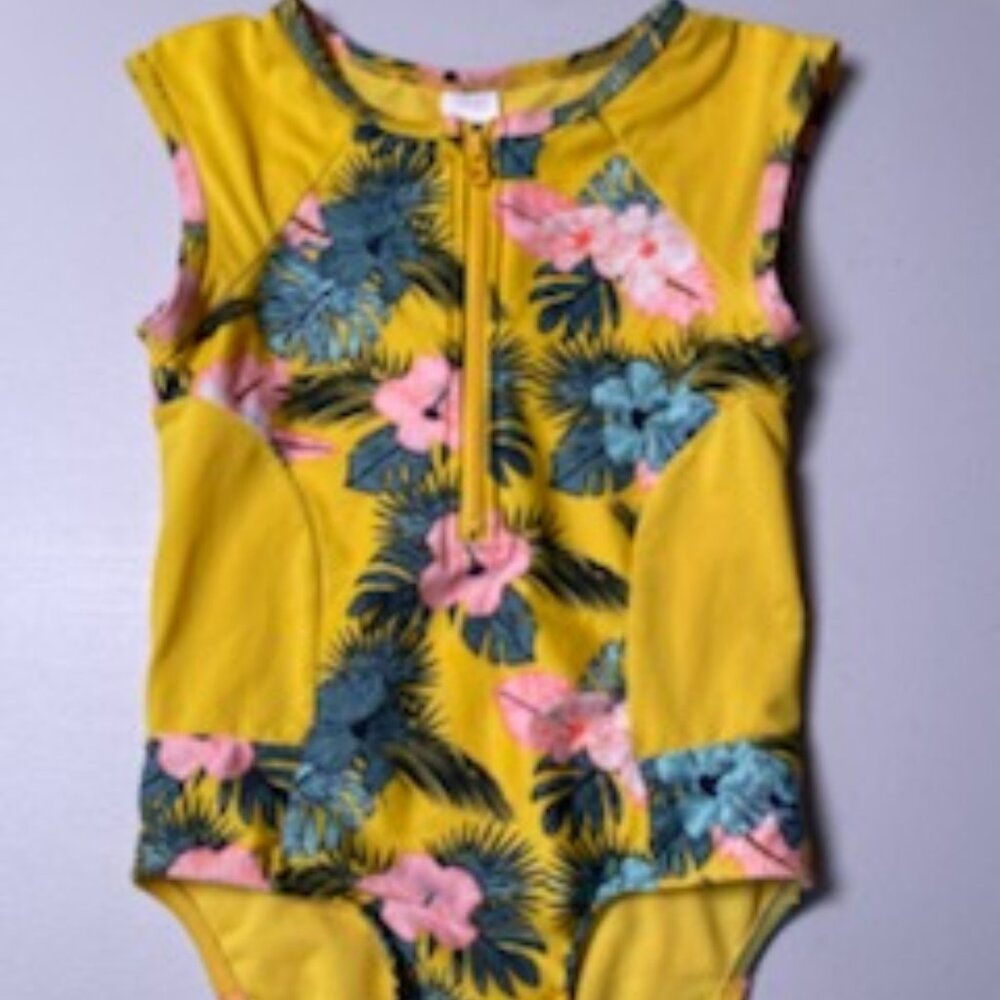 Cat & Jack Girls Yellow Tropical Print Zip-Up One Piece Swimsuit, Size 5T